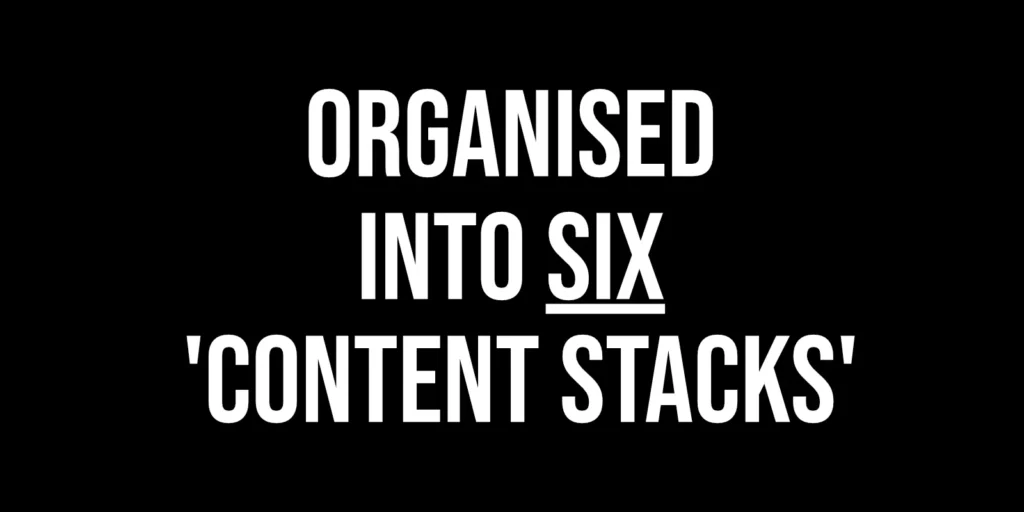 white text on black basground 'organised into 6 content stacks'