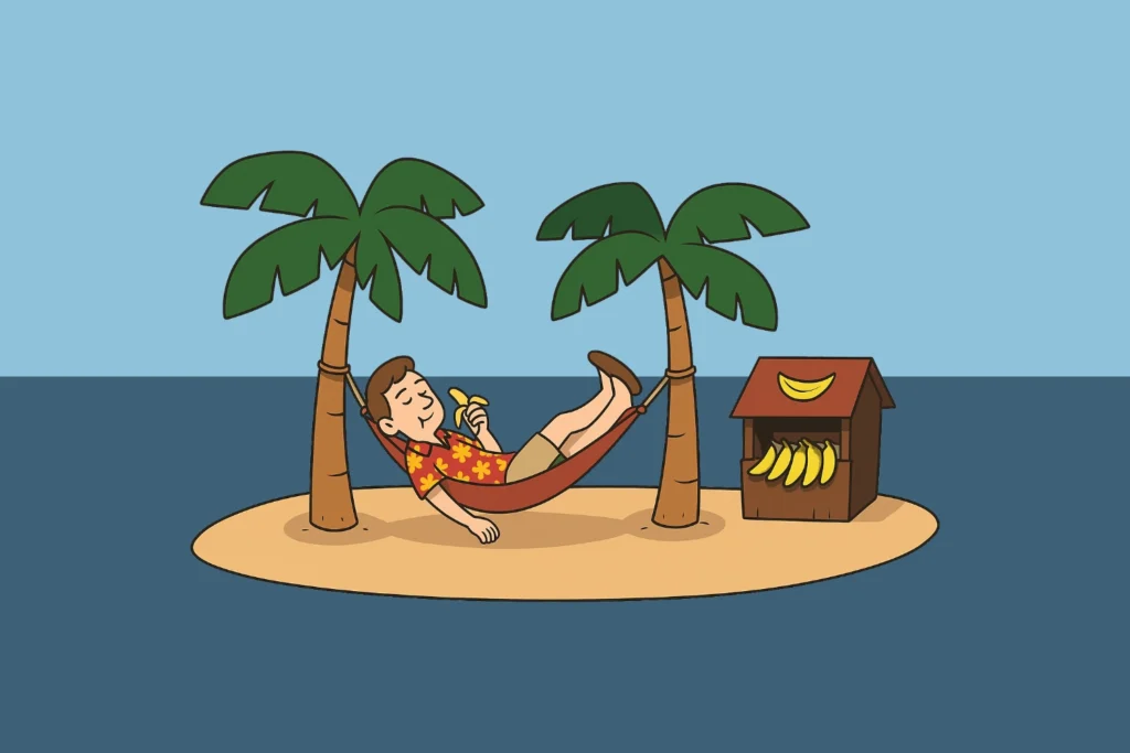 cartoon image of man in a hammock eating a banana, pretending small businesses don't survive
